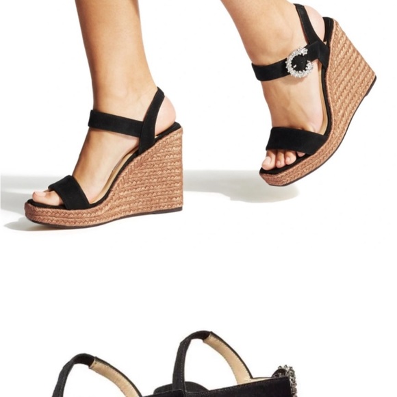Jimmy Choo Crystal Embellished Buckle Espadrille Wedge Heels Shoes Black Leather - Picture 4 of 9